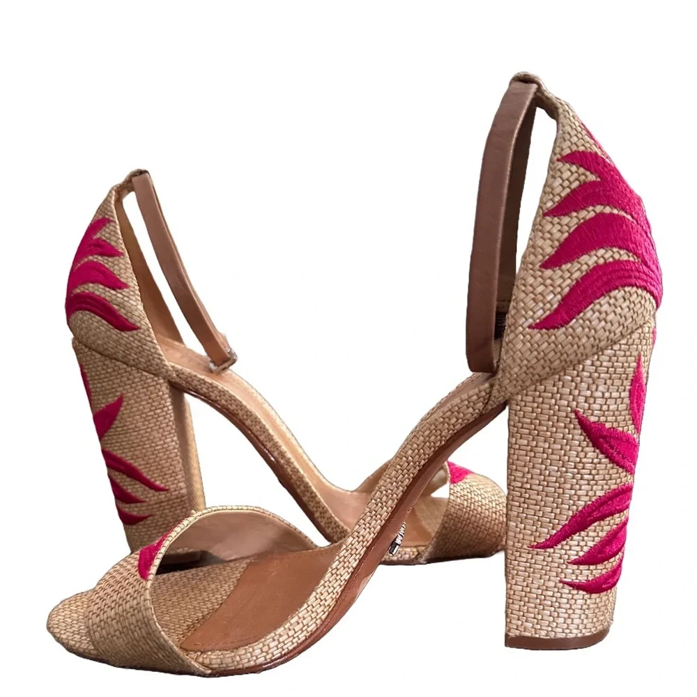 SCHUTZ Caroline Carolaine Raffia Embroidery Flame Palm Leaf Heels Shoes 8B - Picture 2 of 7